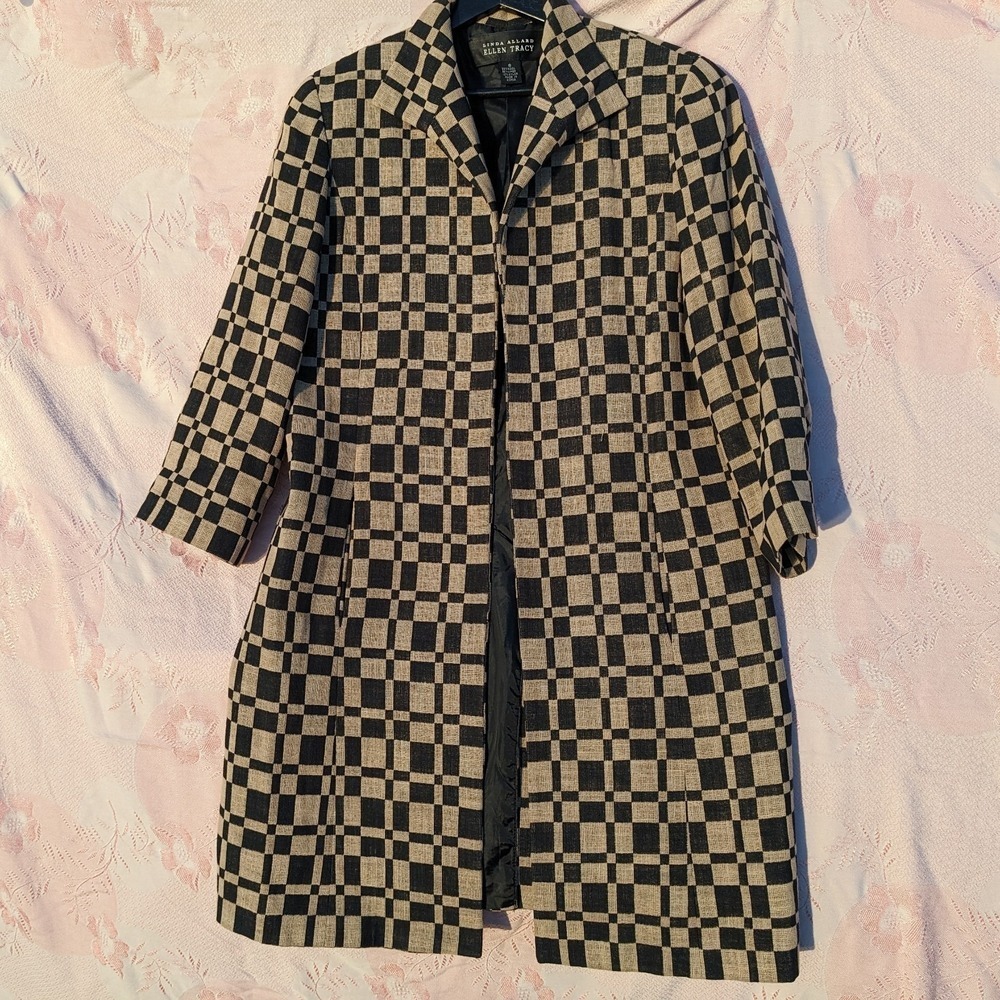 Vintage Linda Allard Ellen Tracy Duster Jacket 8 Tan Black Wool/Linen Check Open